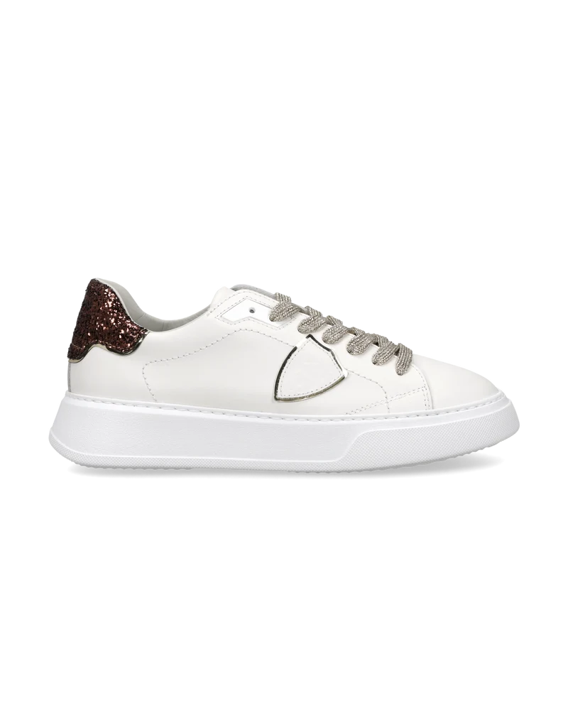 Sneakers Temple Women with Glitter Heel Tab, White Brown