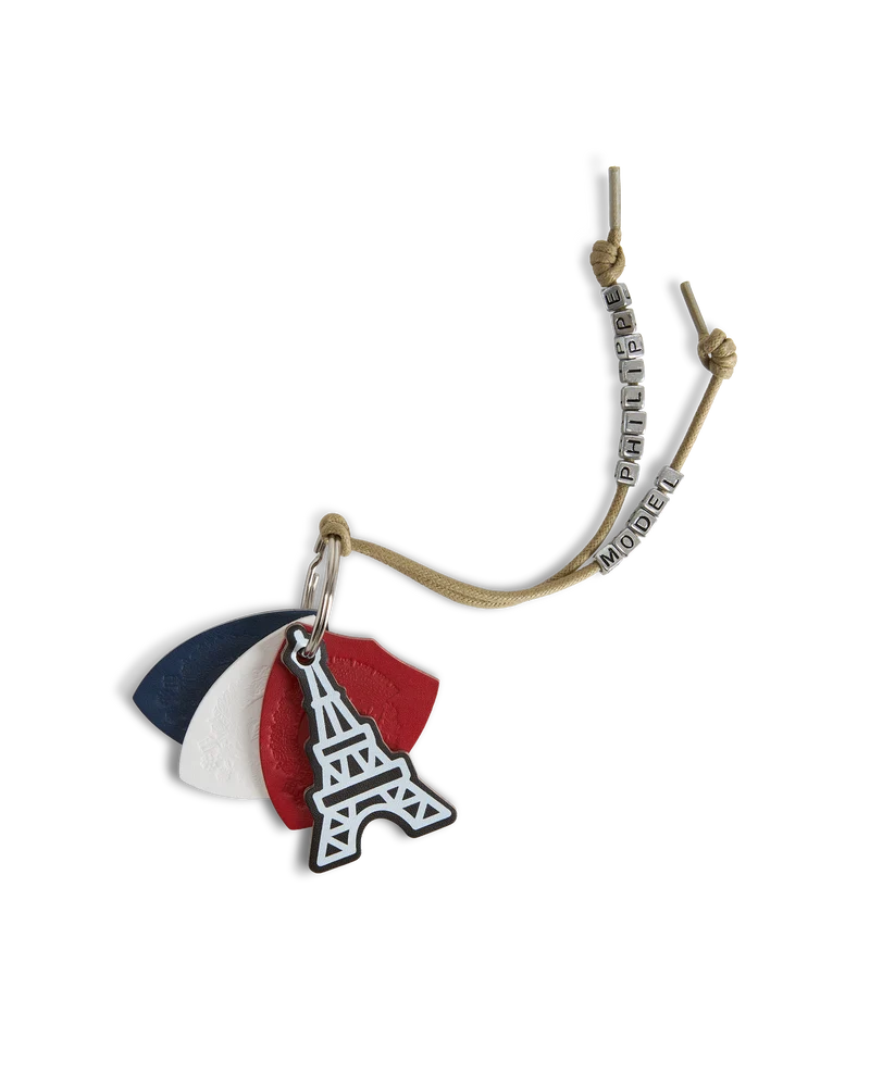 Leather Keychain with Eiffel Tower Charm, Red Blue White